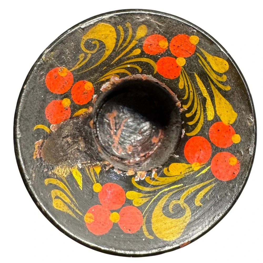 Vintage Russian Khokhloma Wood Candlestick Holder Hand Painted Floral Black Gold